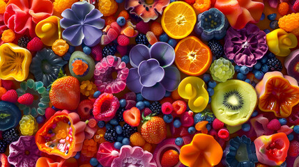 A colorful arrangement of fruits and vegetables including strawberries blueberries, oranges, and kiwis