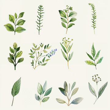 A compilation of doodled herbal sprigs and leaves, each painted with delicate watercolor shades, perfect for a kitchen or dining area