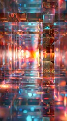 , Reflections Hue, A fragmented self stranded within a mirrored labyrinth, seeking validation in a realm of illusions 3D render, Backlights, Chromatic Aberration