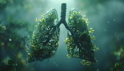 Human lungs made from tree branches and leaves, symbolizing the importance of loving and caring for nature. Conceptual image for Earth Day and environmental awareness.