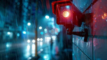A red traffic light is mounted on the side of a building, with a security camera also visible - obrazy, fototapety, plakaty