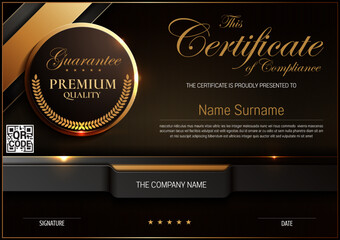 Elegant Premium Certificate of Compliance. Luxury Black and Gold Frame for Modern Celebrations Event Banners