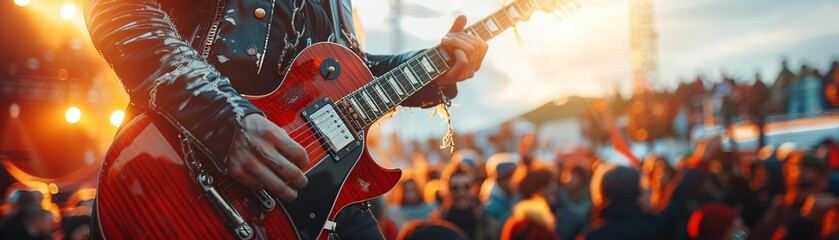 Electric Guitar, Retro Outfit, Rockstar, Amidst a pulsating crowd at a music festival, Sunny day, realistic, spotlight, Depth of field bokeh effect