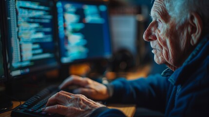 Fototapeta na wymiar An elderly man is seated in a dark room, using a computer 