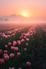 Naklejka premium Beautiful tulip field in a foggy morning during the sunrise