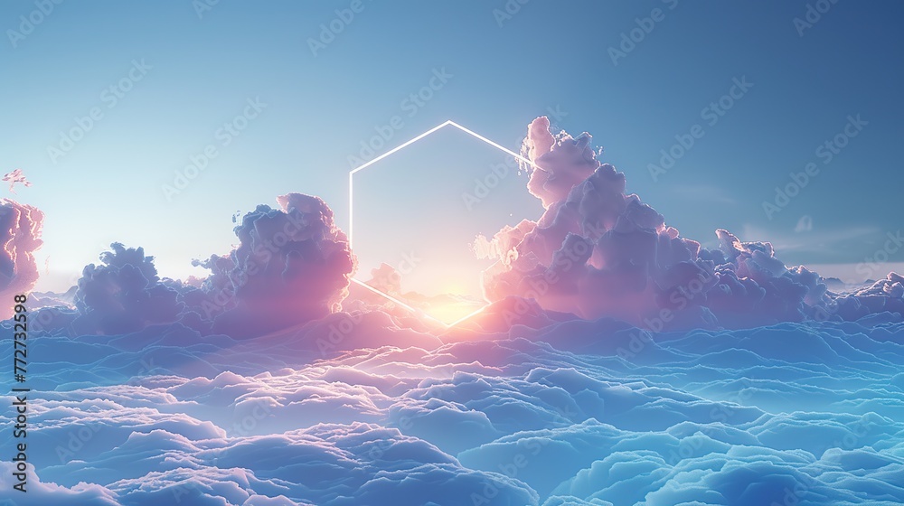 Canvas Prints Digital Clean background, clouds, a regular hexagon frame standing inside the clouds, minimalist