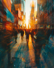 Pedestrians, Sidewalks, Urban Diversity, People walking amidst city chaos, Diverse mix of cultures in a bustling urban setting, Realistic, Golden Hour, Motion Blur