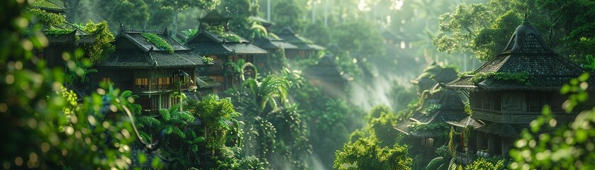Plant-Human Hybrid Villagers, Vine-covered dwellings, Peaceful village set amidst lush greenery, Mystical aura, Photography, Soft bokeh effect, Backlights
