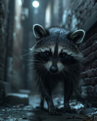 Obraz premium Raccoon, trash panda, scavenger, navigating urban alleys, night, 3D render, spotlight, vignette