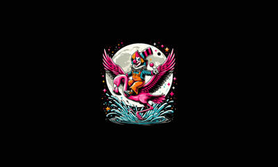 clown riding flamingo flying on moon vector artwork design