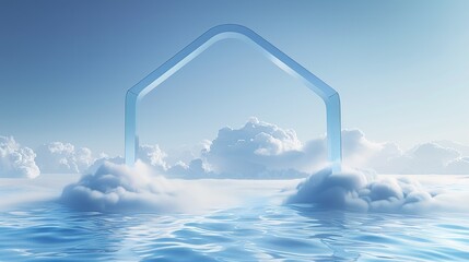 Digital Clean background, clouds, a regular hexagon frame standing inside the clouds, minimalist