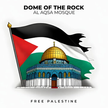 Dome of the Rock with a large Palestine flag waving , Dome of the rock Jerusalem Palestine Gaza isolated vector image