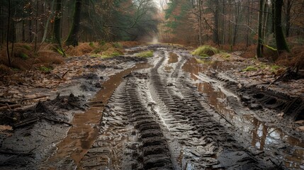 A crisscross pattern of tire tracks and footprints on a muddy trail in a nature reserve symbolizing...