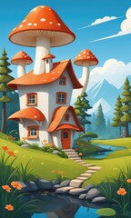 Obraz na płótnie Canvas A nature landscape setting with a whimsical mushroom house, creating a charming and enchanting background