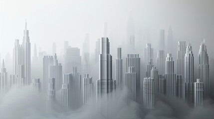 Fototapeta premium Hazy skyline, PM25, 3D paper, close view, layered buildings, grey tones, sharp outlines