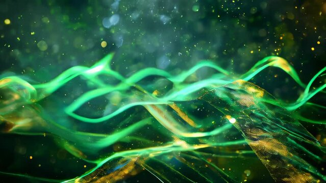 Vibrant green and blue neon lights swirl in a spiraling pattern, creating an abstract image full of energy and movement.