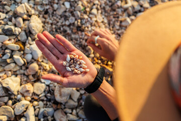 young girl in a hat sits on the beach and collects various shells. collection of shells.