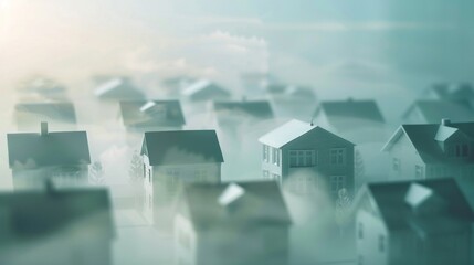 Fototapeta premium Residential area in PM25 smog, 3D paper craft, close up on houses, faded color layers, clear outlines