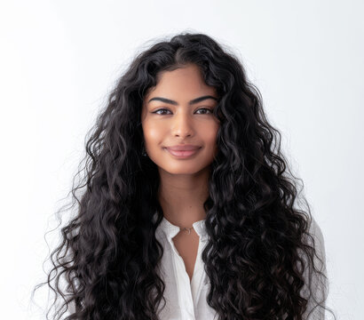 Beauty portrait of a young Indian woman with curly hair isolated from a white copyspace background