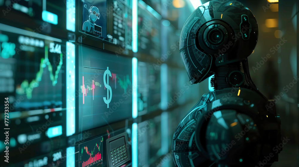 Poster a robot is looking at a computer screen with a dollar sign on it. the robot is surrounded by monitor
