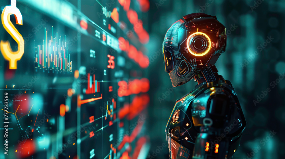 Poster a robot is standing in front of a computer screen with a dollar sign on it. the robot is surrounded 