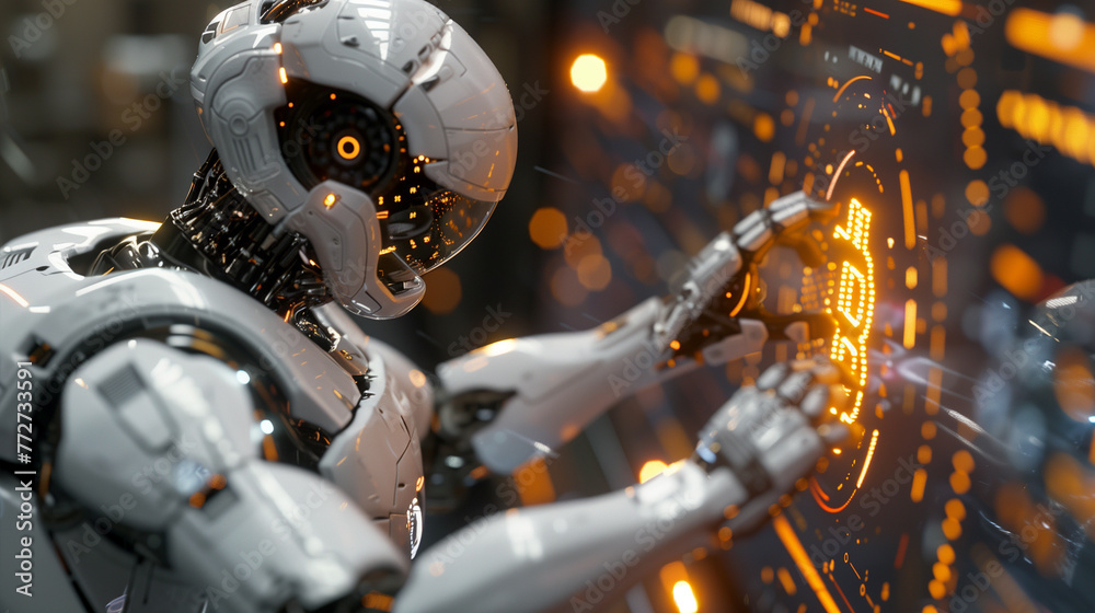 Poster a robot is touching a screen with the number 9 on it. the robot is white and has a metallic appearan