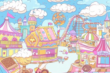 Cartoon cute doodles of a candy carnival with cotton candy clouds, caramel popcorn stalls, and chocolate roller coasters, Generative AI