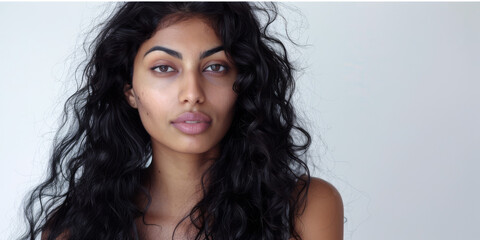 Naklejka premium Beauty portrait of a young Indian woman with curly hair isolated from a white copyspace background
