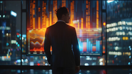 A man in a suit stands in front of a large monitor displaying financial data. The man is focused and attentive, possibly analyzing the information on the screen - obrazy, fototapety, plakaty