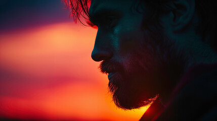 A man with a beard and a mustache is looking at the camera. The image is set against a backdrop of a sunset, creating a warm and intimate atmosphere