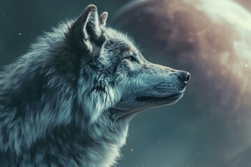 Wolf in space gear howling at a distant Earth