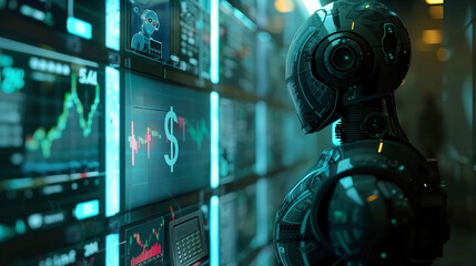 A robot is looking at a computer screen with a dollar sign on it. The robot is surrounded by monitors displaying various graphs and numbers. Concept of technology and automation