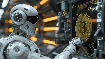 Fototapeta premium A robot is touching a computer screen with a Bitcoin symbol on it. The robot is white and has a helmet on