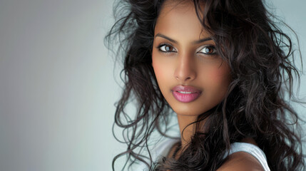 Naklejka premium Beauty portrait of a young Indian woman with curly hair isolated from a white copyspace background