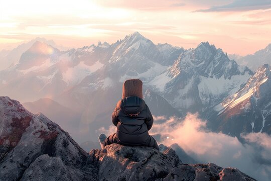 Baby boy, 3D mountain peak backdrop, close view, majestic scenery, detailed tranquil dawn
