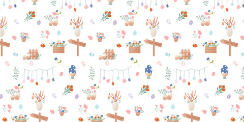 Happy Easter clip art. Pattern with cartoon characters in retro style. Easter bunny, flower box, flowers, basket with Easter eggs, garland, bouquet.