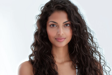 Naklejka premium Beauty portrait of a young Indian woman with curly hair isolated from a white copyspace background