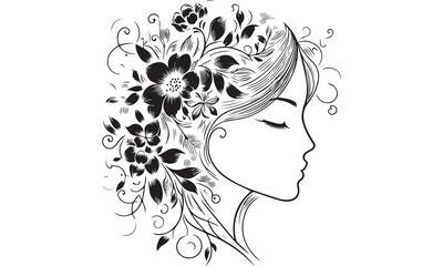 silhouette of a woman with flowers Line art of beautiful woman's face and flowers