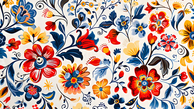 A colorful floral print on a white background. The flowers are in various shades of red, yellow, and blue. The scene is cheerful and vibrant