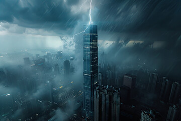 Aerial view of a lightning strike on a skyscraper - obrazy, fototapety, plakaty