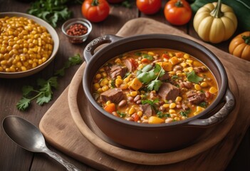 Locro A hearty stew made with corn, beans, meat (such as pork or beef), squash, and other vegetables, seasoned with herbs and spices