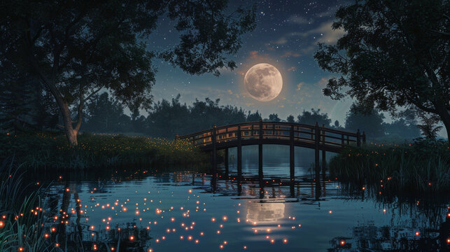 A small wooden bridge spans a tranquil pond the moons reflection rippling on its surface. The surrounding meadow is dotted with fireflies . .