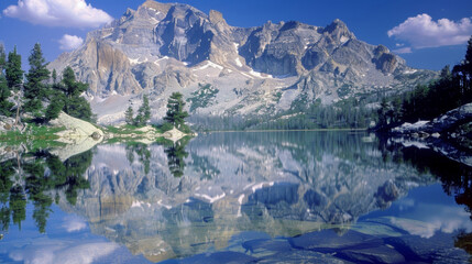 A towering mountain range reflected in the still waters of a serene alpine lake. . .