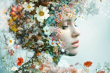 Surreal Woman Portrait with Mixed Flowers Imagination
