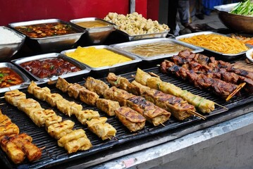 Street Food Snacks Items like stinky tofu, skewered meats (such as lamb kebabs or chicken skewers), Jianbing (Chinese crepes)