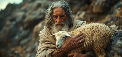 biblical shepherd holding a lamb in his arms - obrazy, fototapety, plakaty