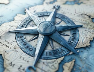 Blue compass rose on top of a map