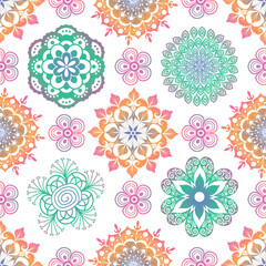 Vector vintage hand drawn seamless geometric pattern with lacy colorful mandalas on white