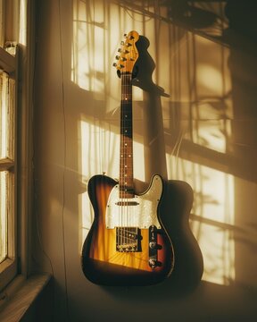 a fender telecaster hanging on the wall, sunlight shining through window