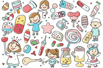 Cartoon cute doodles of a candy hospital where doctors and nurses treat patients with candy bandages, lollipop medicine, and marshmallow pillows, Generative AI